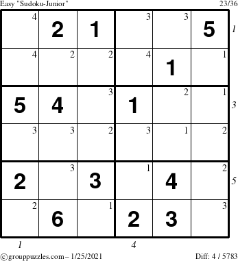 The grouppuzzles.com Easy Sudoku-Junior puzzle for Monday January 25, 2021 with all 4 steps marked