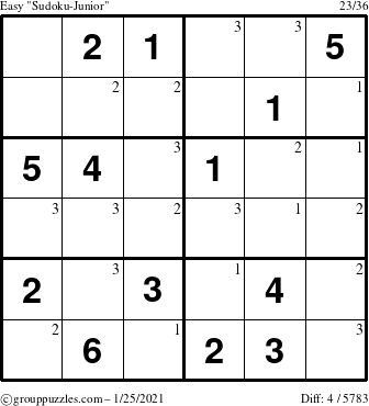 The grouppuzzles.com Easy Sudoku-Junior puzzle for Monday January 25, 2021 with the first 3 steps marked