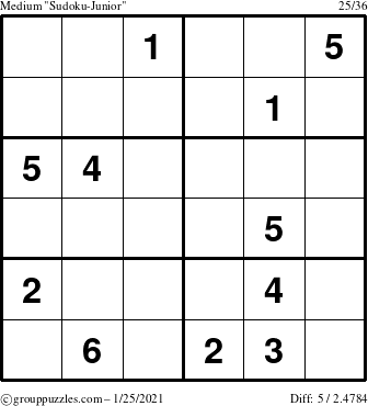 The grouppuzzles.com Medium Sudoku-Junior puzzle for Monday January 25, 2021