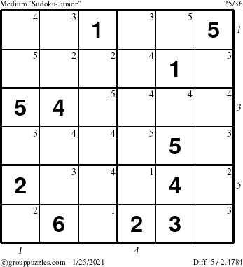 The grouppuzzles.com Medium Sudoku-Junior puzzle for Monday January 25, 2021 with all 5 steps marked