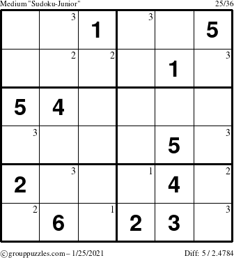 The grouppuzzles.com Medium Sudoku-Junior puzzle for Monday January 25, 2021 with the first 3 steps marked