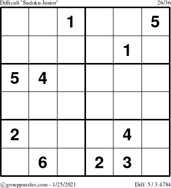 The grouppuzzles.com Difficult Sudoku-Junior puzzle for Monday January 25, 2021