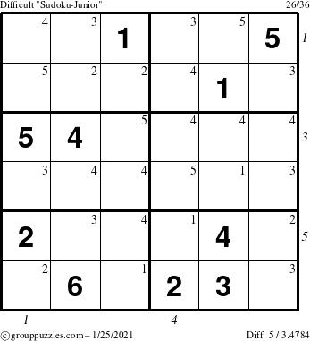 The grouppuzzles.com Difficult Sudoku-Junior puzzle for Monday January 25, 2021 with all 5 steps marked