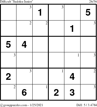 The grouppuzzles.com Difficult Sudoku-Junior puzzle for Monday January 25, 2021 with the first 3 steps marked