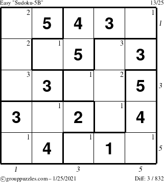 The grouppuzzles.com Easy Sudoku-5B puzzle for Monday January 25, 2021 with all 3 steps marked