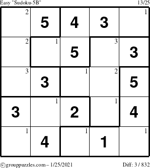 The grouppuzzles.com Easy Sudoku-5B puzzle for Monday January 25, 2021 with the first 3 steps marked