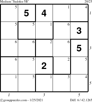 The grouppuzzles.com Medium Sudoku-5B puzzle for Monday January 25, 2021 with all 6 steps marked