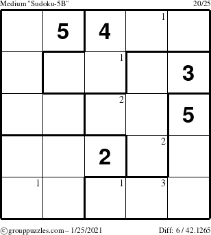 The grouppuzzles.com Medium Sudoku-5B puzzle for Monday January 25, 2021 with the first 3 steps marked