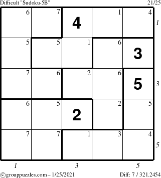 The grouppuzzles.com Difficult Sudoku-5B puzzle for Monday January 25, 2021 with all 7 steps marked