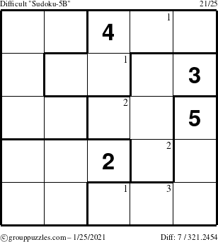 The grouppuzzles.com Difficult Sudoku-5B puzzle for Monday January 25, 2021 with the first 3 steps marked