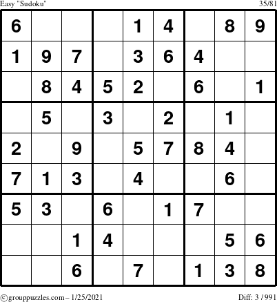 The grouppuzzles.com Easy Sudoku puzzle for Monday January 25, 2021