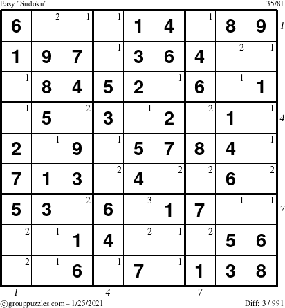 The grouppuzzles.com Easy Sudoku puzzle for Monday January 25, 2021, suitable for printing, with all 3 steps marked