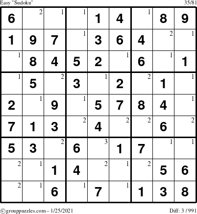 The grouppuzzles.com Easy Sudoku puzzle for Monday January 25, 2021 with the first 3 steps marked