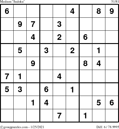 The grouppuzzles.com Medium Sudoku puzzle for Monday January 25, 2021