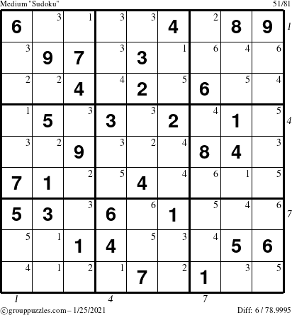 The grouppuzzles.com Medium Sudoku puzzle for Monday January 25, 2021, suitable for printing, with all 6 steps marked