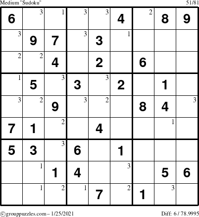 The grouppuzzles.com Medium Sudoku puzzle for Monday January 25, 2021 with the first 3 steps marked