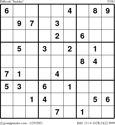 The grouppuzzles.com Difficult Sudoku puzzle for Monday January 25, 2021