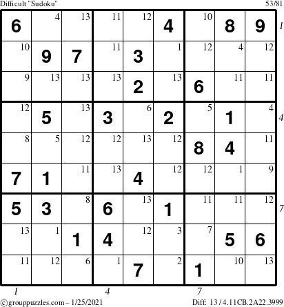 The grouppuzzles.com Difficult Sudoku puzzle for Monday January 25, 2021 with all 13 steps marked