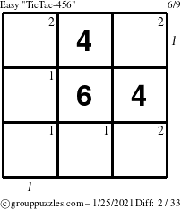 The grouppuzzles.com Easy TicTac-456 puzzle for Monday January 25, 2021 with all 2 steps marked