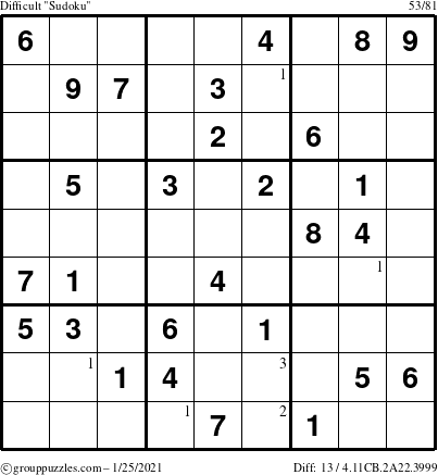 The grouppuzzles.com Difficult Sudoku puzzle for Monday January 25, 2021 with the first 3 steps marked