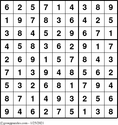 The grouppuzzles.com Answer grid for the Sudoku puzzle for Monday January 25, 2021