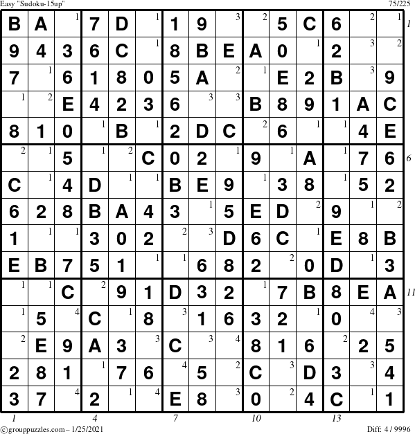 The grouppuzzles.com Easy Sudoku-15up puzzle for Monday January 25, 2021 with all 4 steps marked