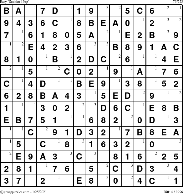 The grouppuzzles.com Easy Sudoku-15up puzzle for Monday January 25, 2021 with the first 3 steps marked