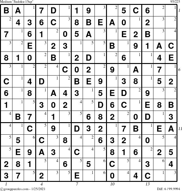 The grouppuzzles.com Medium Sudoku-15up puzzle for Monday January 25, 2021, suitable for printing, with all 6 steps marked