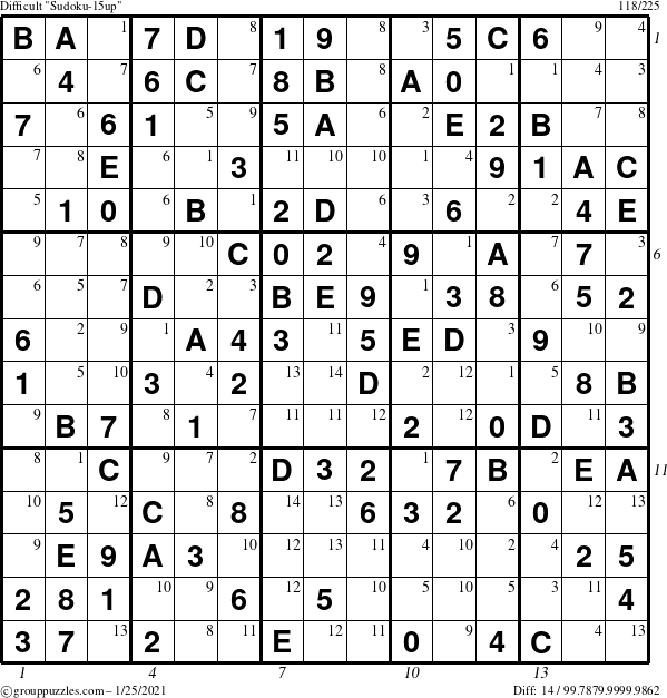 The grouppuzzles.com Difficult Sudoku-15up puzzle for Monday January 25, 2021 with all 14 steps marked