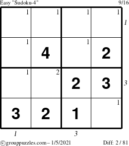 The grouppuzzles.com Easy Sudoku-4 puzzle for Tuesday January 5, 2021 with all 2 steps marked