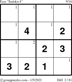 The grouppuzzles.com Easy Sudoku-4 puzzle for Tuesday January 5, 2021 with the first 2 steps marked