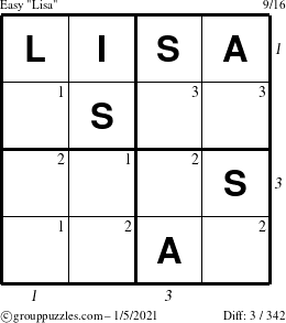 The grouppuzzles.com Easy Lisa puzzle for Tuesday January 5, 2021 with all 3 steps marked