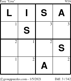 The grouppuzzles.com Easy Lisa puzzle for Tuesday January 5, 2021 with the first 3 steps marked