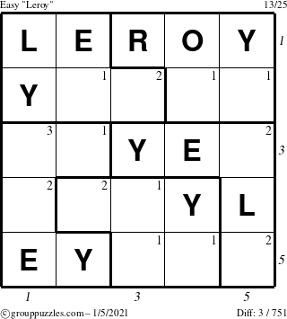 The grouppuzzles.com Easy Leroy puzzle for Tuesday January 5, 2021 with all 3 steps marked