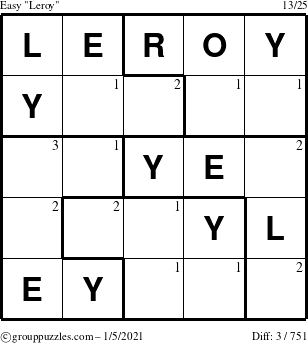 The grouppuzzles.com Easy Leroy puzzle for Tuesday January 5, 2021 with the first 3 steps marked