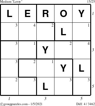 The grouppuzzles.com Medium Leroy puzzle for Tuesday January 5, 2021 with all 4 steps marked