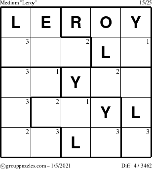 The grouppuzzles.com Medium Leroy puzzle for Tuesday January 5, 2021 with the first 3 steps marked