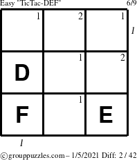 The grouppuzzles.com Easy TicTac-DEF puzzle for Tuesday January 5, 2021, suitable for printing, with all 2 steps marked