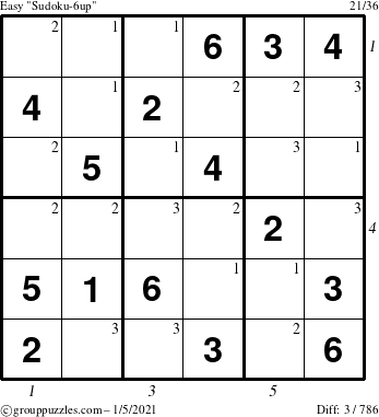 The grouppuzzles.com Easy Sudoku-6up puzzle for Tuesday January 5, 2021 with all 3 steps marked