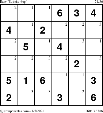 The grouppuzzles.com Easy Sudoku-6up puzzle for Tuesday January 5, 2021 with the first 3 steps marked