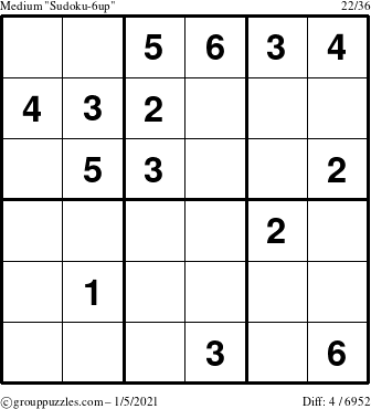 The grouppuzzles.com Medium Sudoku-6up puzzle for Tuesday January 5, 2021