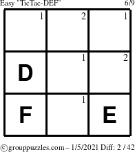 The grouppuzzles.com Easy TicTac-DEF puzzle for Tuesday January 5, 2021 with the first 2 steps marked