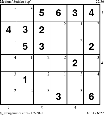 The grouppuzzles.com Medium Sudoku-6up puzzle for Tuesday January 5, 2021, suitable for printing, with all 4 steps marked