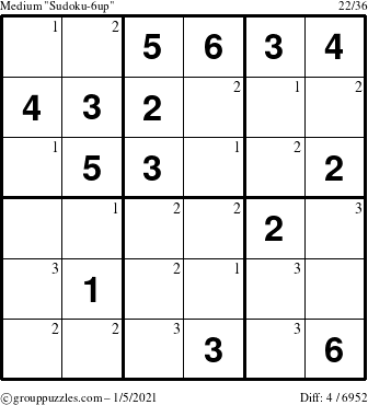 The grouppuzzles.com Medium Sudoku-6up puzzle for Tuesday January 5, 2021 with the first 3 steps marked