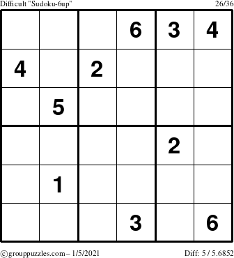 The grouppuzzles.com Difficult Sudoku-6up puzzle for Tuesday January 5, 2021