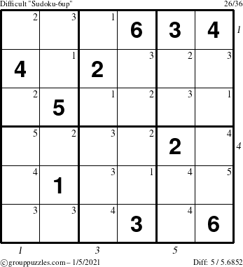 The grouppuzzles.com Difficult Sudoku-6up puzzle for Tuesday January 5, 2021 with all 5 steps marked