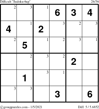 The grouppuzzles.com Difficult Sudoku-6up puzzle for Tuesday January 5, 2021 with the first 3 steps marked