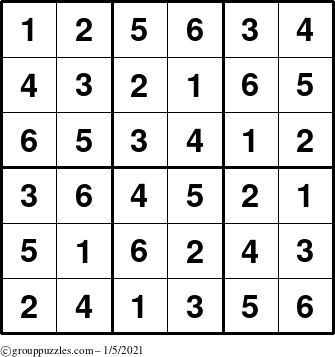 The grouppuzzles.com Answer grid for the Sudoku-6up puzzle for Tuesday January 5, 2021