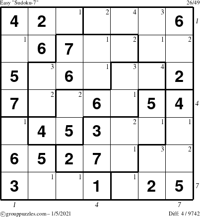 The grouppuzzles.com Easy Sudoku-7 puzzle for Tuesday January 5, 2021 with all 4 steps marked