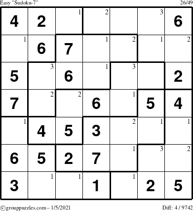 The grouppuzzles.com Easy Sudoku-7 puzzle for Tuesday January 5, 2021 with the first 3 steps marked